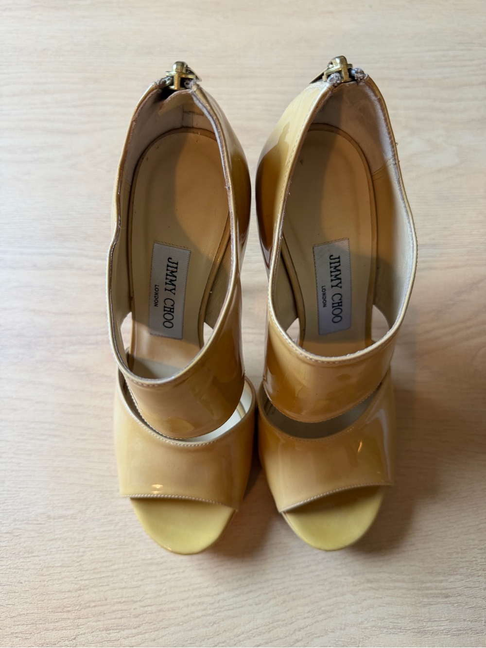 Jimmy Choo Private Beige Patent Leather Peep Toe Heels Women’s Size 36.5